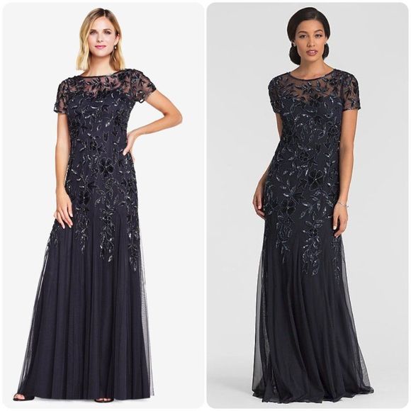 Adrianna Papell Gunmetal Black Floral Beaded Sequin Godet Gown Dress